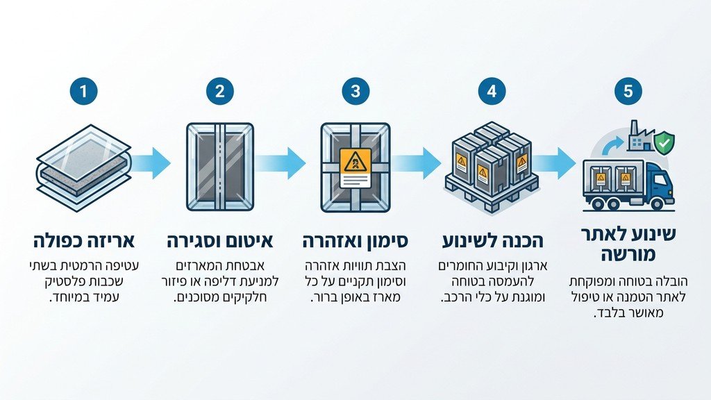 נוצר על ידי מודל בינה מלאכותית Gemini Pro אריזה ועיטוף בטוח של לוחות חומרים מסוכנים לקראת שינוע על ידי קבלן מורשה