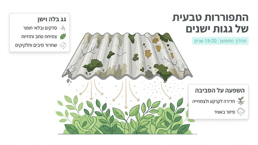 נוצר על ידי מודל בינה מלאכותית Gemini Pro גג צמנט ישן ומתפורר מעל צמחיית גינה ירוקה