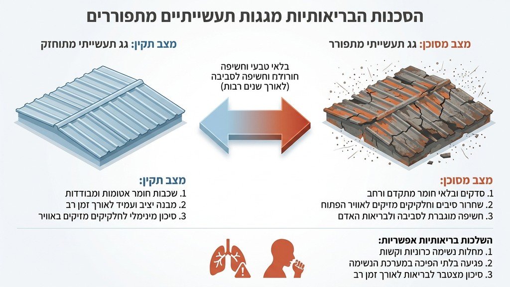 נוצר על ידי מודל בינה מלאכותית Gemini Pro גג תעשייתי ישן ומתפורר הממחיש את הצורך בפינוי מקצועי