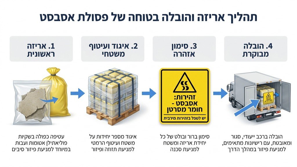 אריזת לוחות אסבסט ביריעות פלסטיק עבות לפני הטמנה מוסדרת