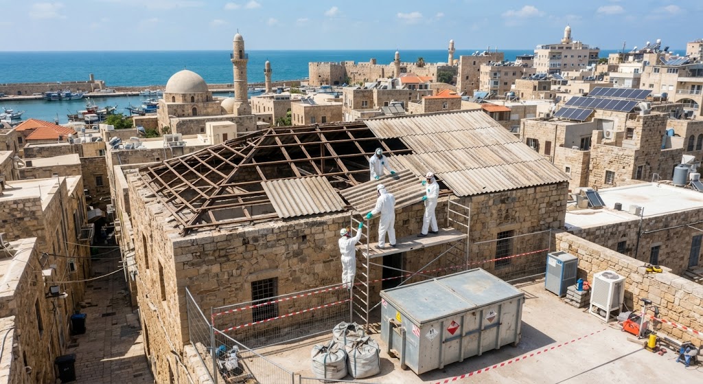 צוות עובדים לבושים בחליפות מיגון לבנות מבצעים פירוק בטוח ומקצועי של לוחות אסבסט מגג של מבנה אבן עתיק בעכו. באתר העבודה מוצבים פיגומים, מכולת פסולת ייעודית.