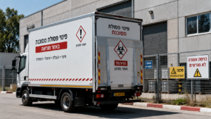 משאית מורשית לפינוי פסולת אסבסט חונה לצד מבנה תעשייה, עם סימון חומר מסוכן בהתאם לנהלי הבטיחות.
