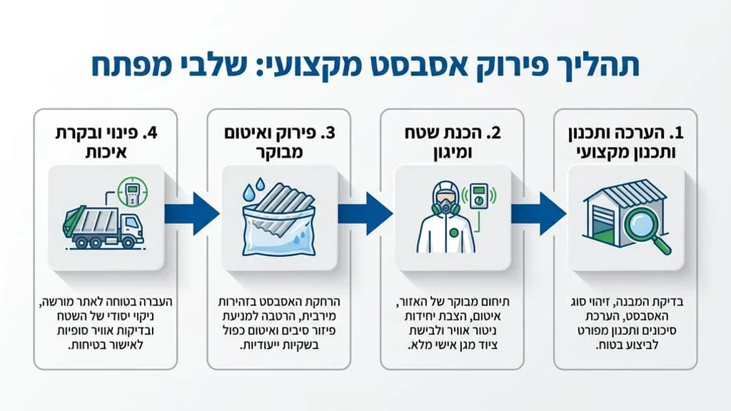 צוות מקצועי בחליפות מגן מבצע פירוק אסבסט בסככה
